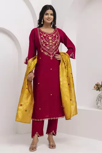 Maroon embroidered viscose silk salwar suit