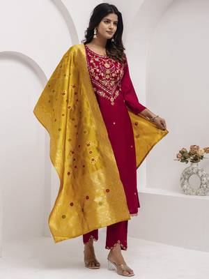 Maroon embroidered viscose silk salwar suit 3