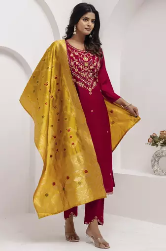 Maroon embroidered viscose silk salwar suit