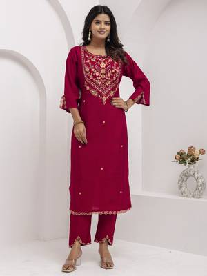 Maroon embroidered viscose silk salwar suit 4