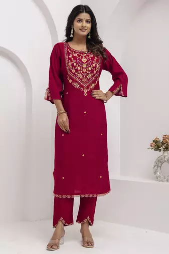 Maroon embroidered viscose silk salwar suit