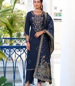 Blue embroidered viscose silk salwar suit