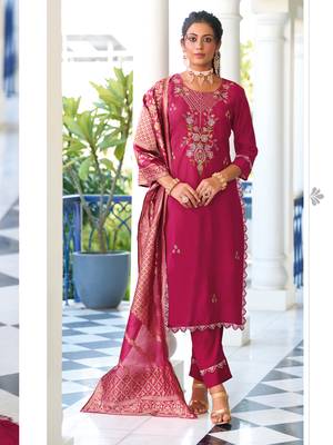 Pink embroidered viscose silk salwar suit 1