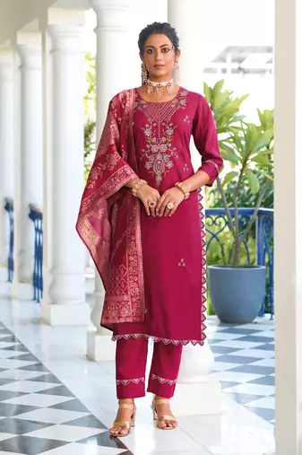 Pink embroidered viscose silk salwar suit