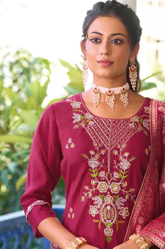Pink embroidered viscose silk salwar suit