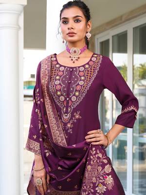 Purple embroidered viscose silk salwar suit 3