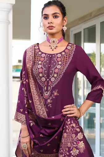 Purple embroidered viscose silk salwar suit