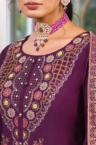 Purple embroidered viscose silk salwar suit