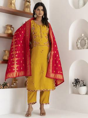 Yellow embroidered viscose silk salwar suit 1