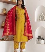 Yellow embroidered viscose silk salwar suit