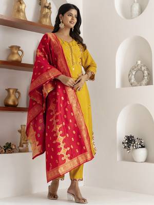 Yellow embroidered viscose silk salwar suit 3