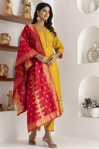 Yellow embroidered viscose silk salwar suit