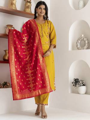 Yellow embroidered viscose silk salwar suit 4