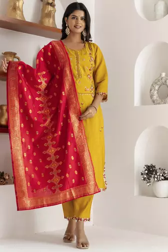 Yellow embroidered viscose silk salwar suit