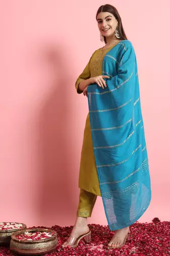 Green embroidered cotton silk blend salwar suit