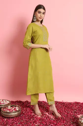 Green embroidered cotton silk blend salwar suit