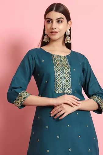 Teal embroidered cotton silk blend salwar suit