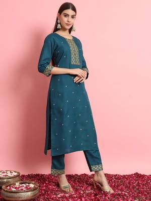 Teal embroidered cotton silk blend salwar suit 3