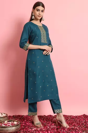 Teal embroidered cotton silk blend salwar suit