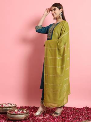 Teal embroidered cotton silk blend salwar suit 4