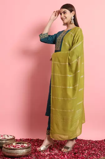 Teal embroidered cotton silk blend salwar suit