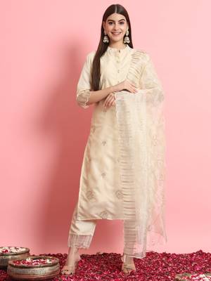 Beige embroidered silk blend salwar suit 1