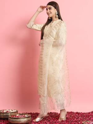 Beige embroidered silk blend salwar suit 2
