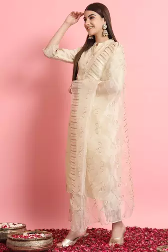 Beige embroidered silk blend salwar suit
