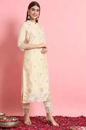 Beige embroidered silk blend salwar suit