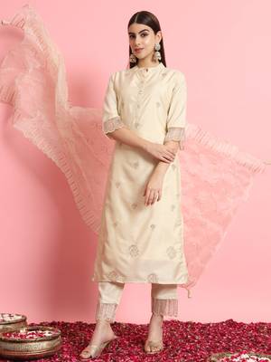 Beige embroidered silk blend salwar suit 4