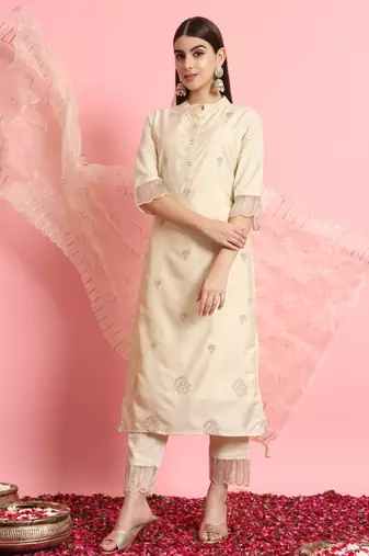 Beige embroidered silk blend salwar suit