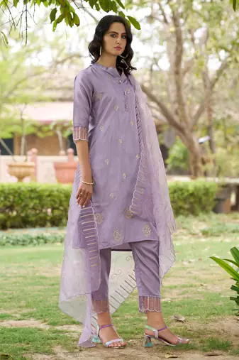 Lavender embroidered silk blend salwar suit