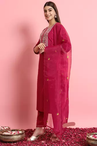 Pink embroidered silk blend salwar suit
