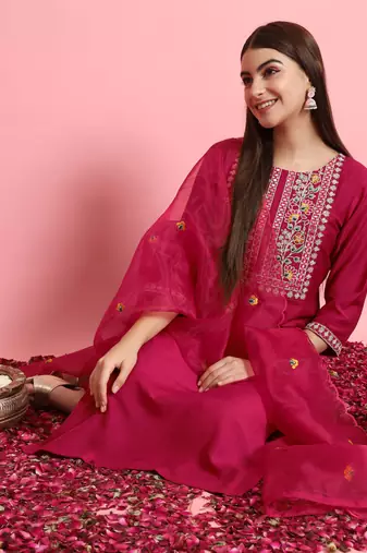 Pink embroidered silk blend salwar suit
