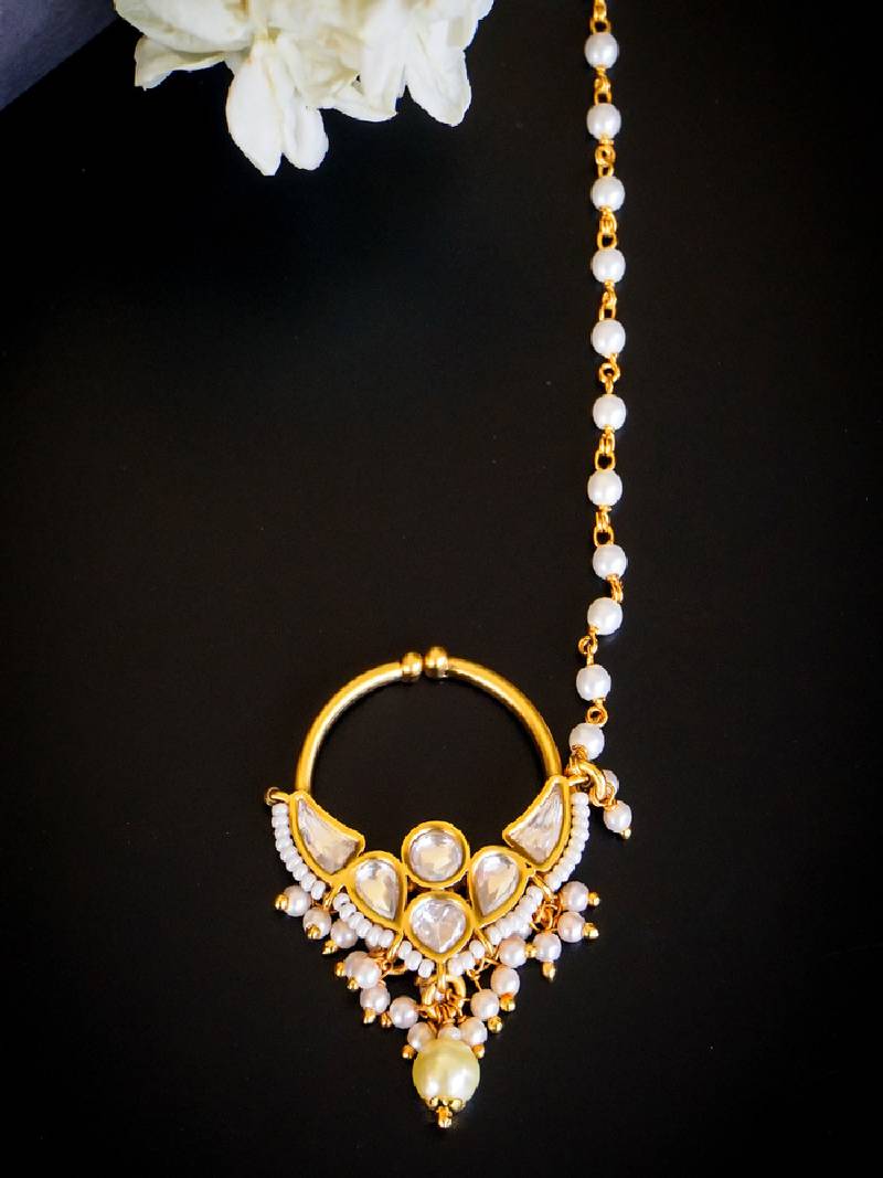 Classic kundan bridal nath with pearl fringe