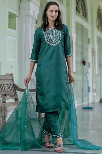 Green embroidered silk blend salwar suit