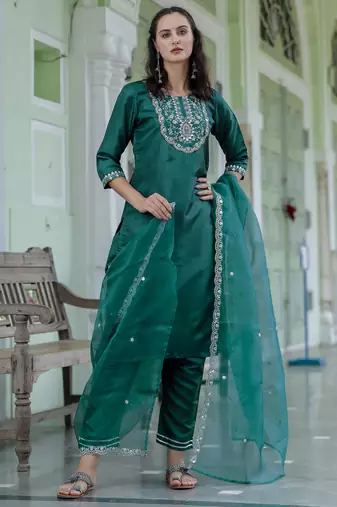 Green embroidered silk blend salwar suit