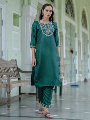Green embroidered silk blend salwar suit 4