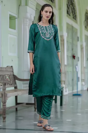 Green embroidered silk blend salwar suit