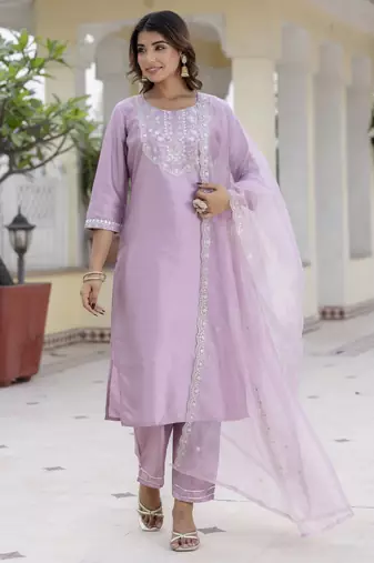 Lavender embroidered silk blend salwar suit