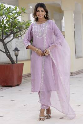 Lavender embroidered silk blend salwar suit 4