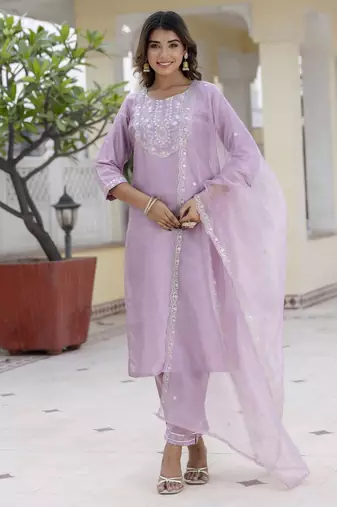 Lavender embroidered silk blend salwar suit