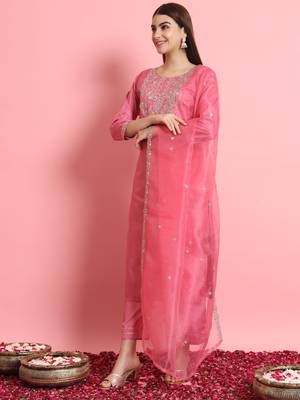 Pink embroidered silk blend salwar suit 1