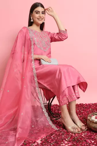 Pink embroidered silk blend salwar suit