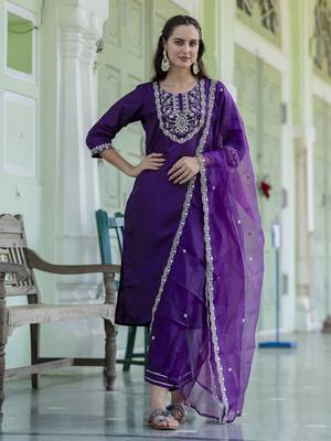 Purple embroidered silk blend salwar suit 1