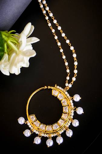 Elegant polki nath with pearl drops
