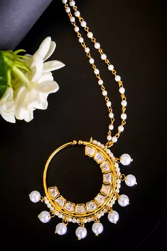 Elegant polki nath with pearl drops