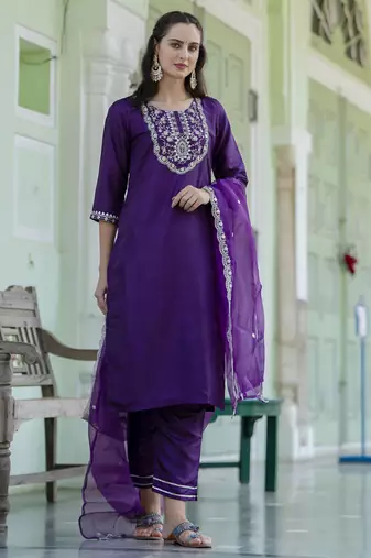 Purple embroidered silk blend salwar suit