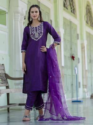 Purple embroidered silk blend salwar suit 4