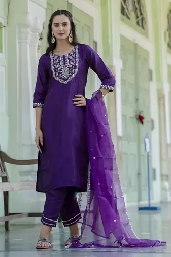 Purple embroidered silk blend salwar suit